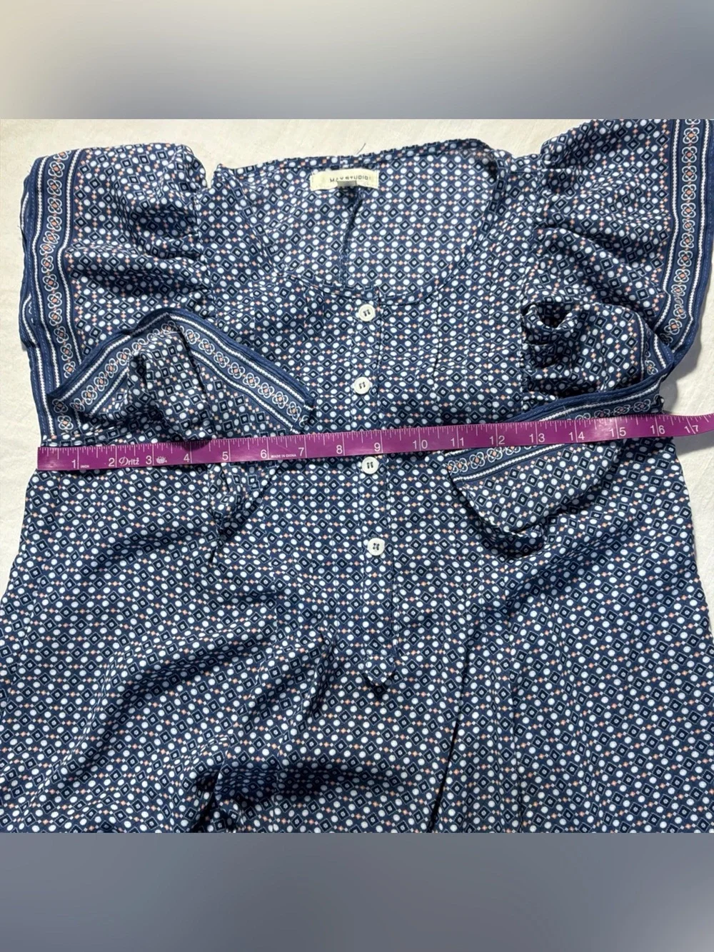 Max Studio Size XS Short Sleeve Print Flutter Sleeve Top Blue Boho